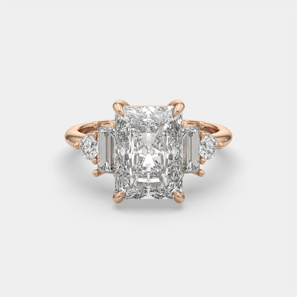 4.70 Ct E Color VS1 Radiant Cut Diamond Ring With Baguette and Round Accents, in rose gold, front view