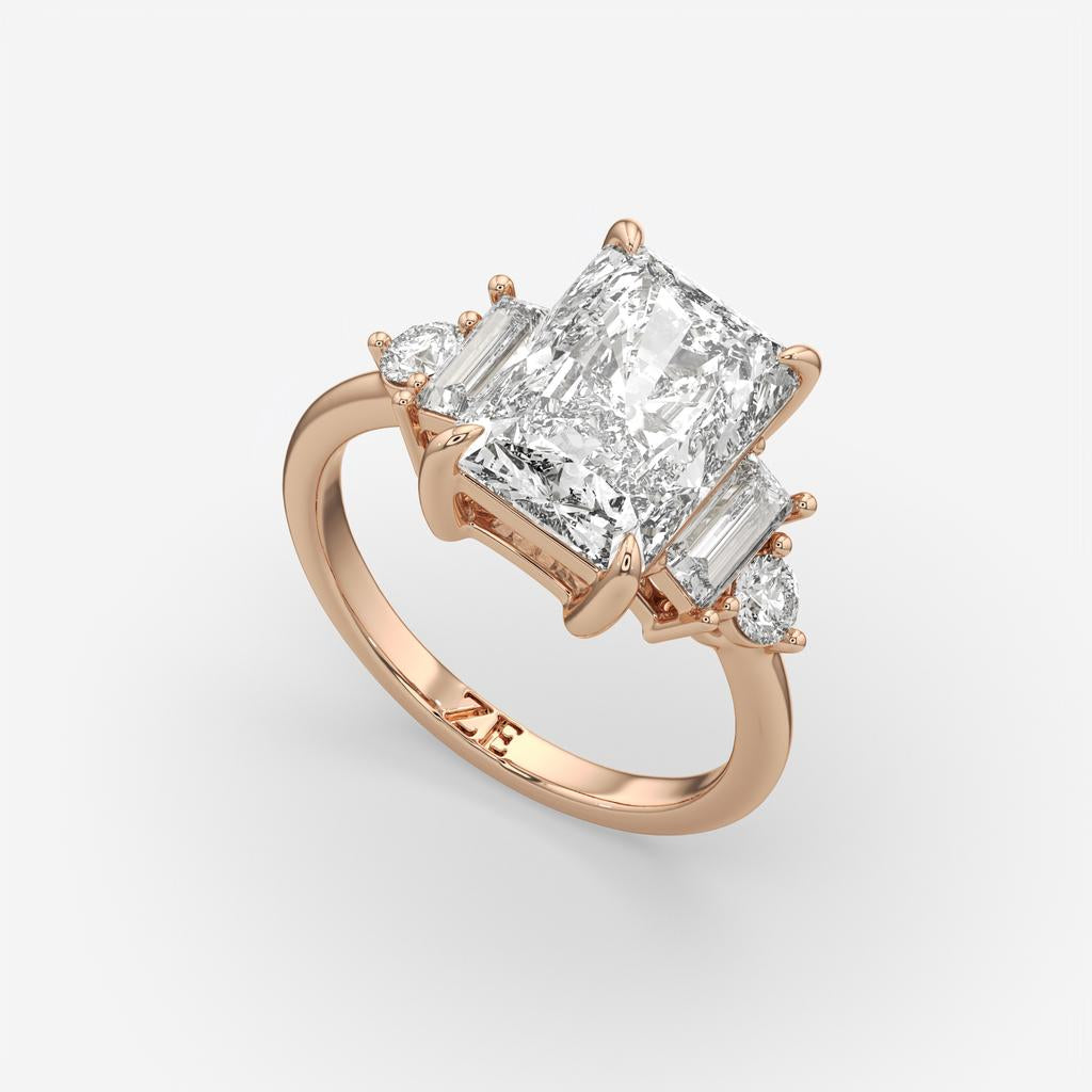 4.70 Ct E Color VS1 Radiant Cut Diamond Ring With Baguette and Round Accents, in rose gold, front view
