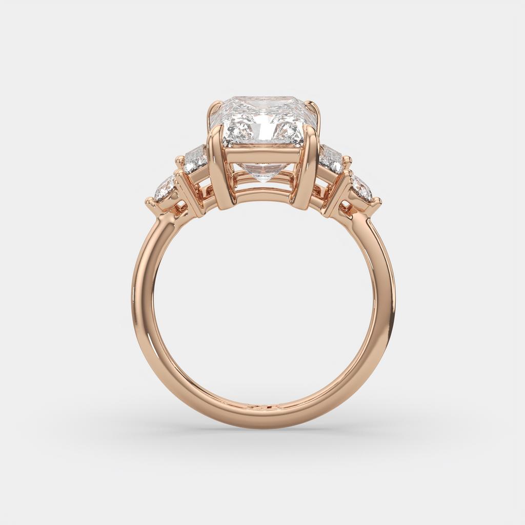 4.70 Ct E Color VS1 Radiant Cut Diamond Ring With Baguette and Round Accents, in rose gold, side profile