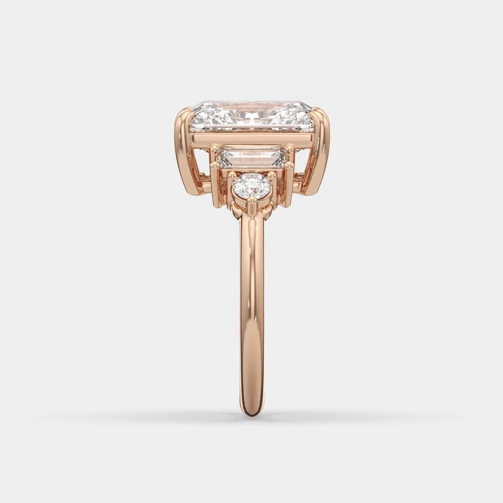 4.70 Ct E Color VS1 Radiant Cut Diamond Ring With Baguette and Round Accents, in rose gold, side profile