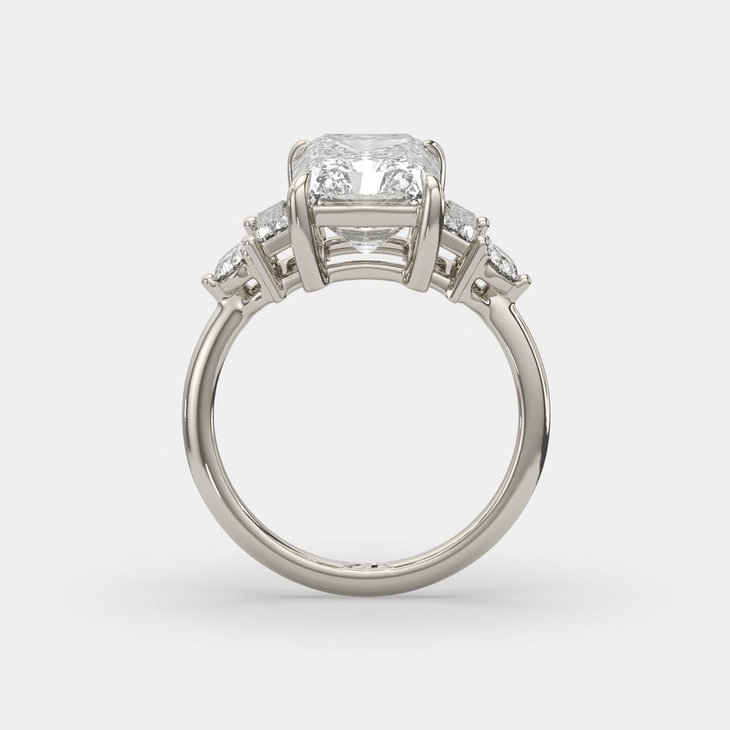 4.70 Ct E Color VS1 Radiant Cut Diamond Ring With Baguette and Round Accents, in white gold, side profile
