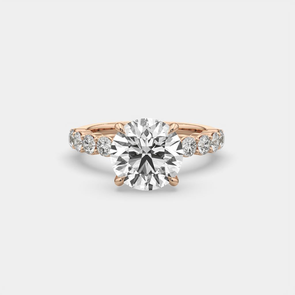 4.80 Ct E VS1 Round Lab Grown Diamond Side Stone Engagement Ring, in rose gold, front view