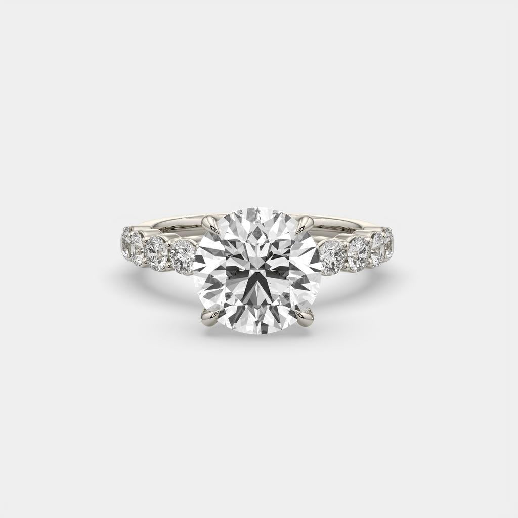 4.80 Ct E VS1 Round Lab Grown Diamond Side Stone Engagement Ring, in white gold, front view