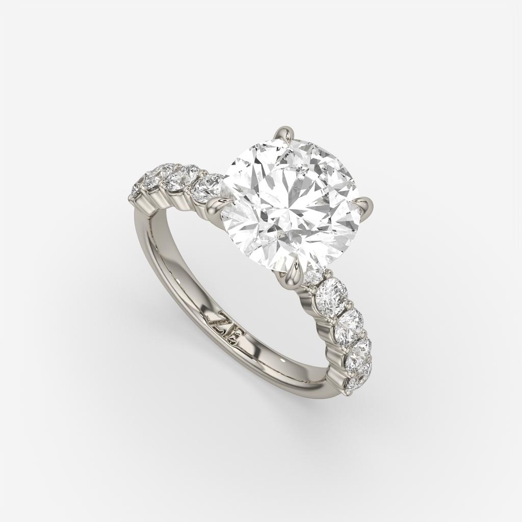 4.80 Ct E VS1 Round Lab Grown Diamond Side Stone Engagement Ring, in white gold, front view