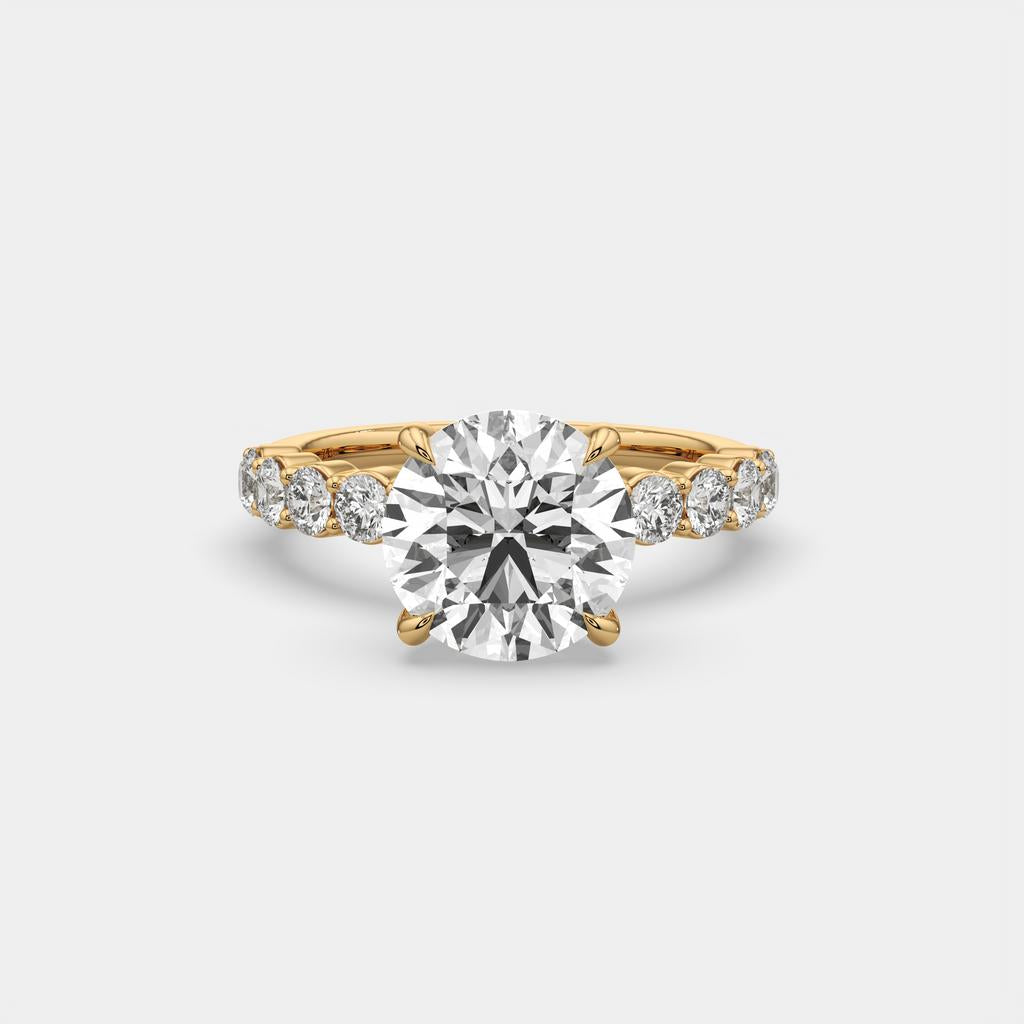 4.80 Ct E VS1 Round Lab Grown Diamond Side Stone Engagement Ring, in yellow gold, front view
