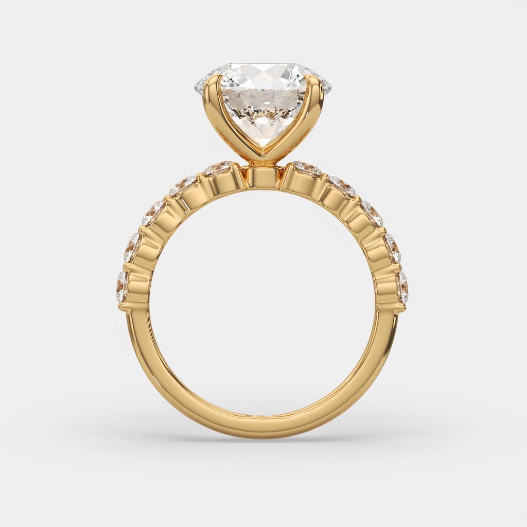 4.80 Ct E VS1 Round Lab Grown Diamond Side Stone Engagement Ring, in yellow gold, side profile