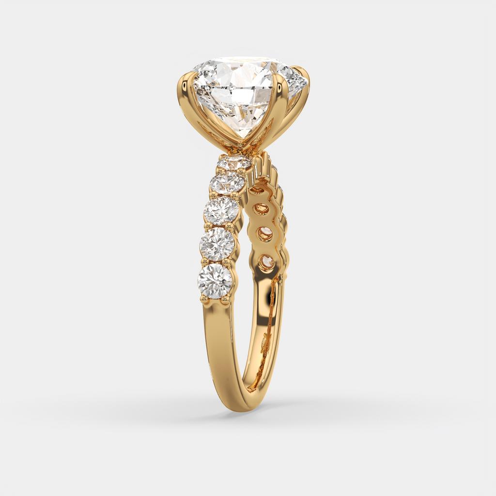 4.80 Ct E VS1 Round Lab Grown Diamond Side Stone Engagement Ring, in yellow gold, side profile