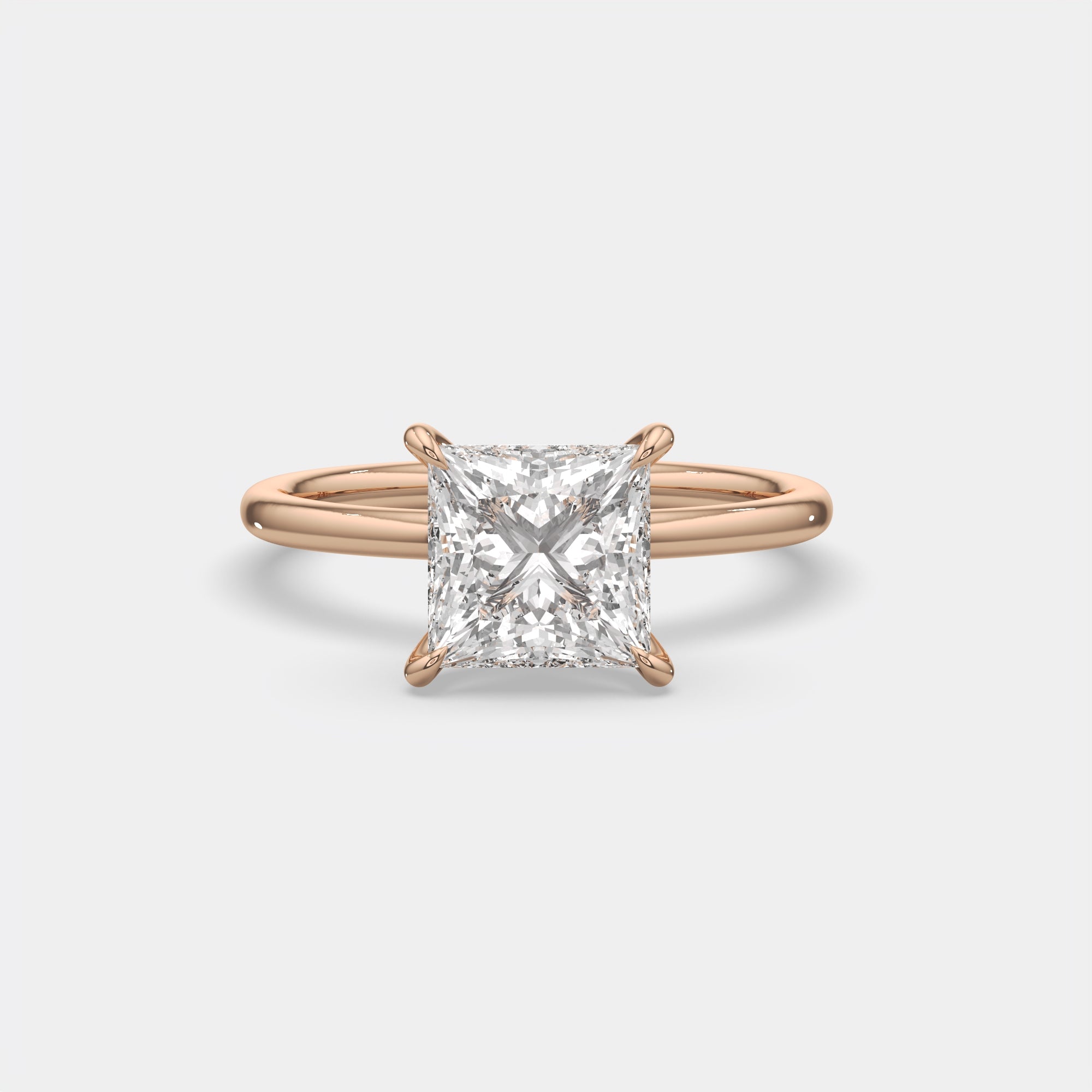 4.00 Ct E VS1 Princess Cut Diamond Engagement Ring, in 14k rose gold, front view