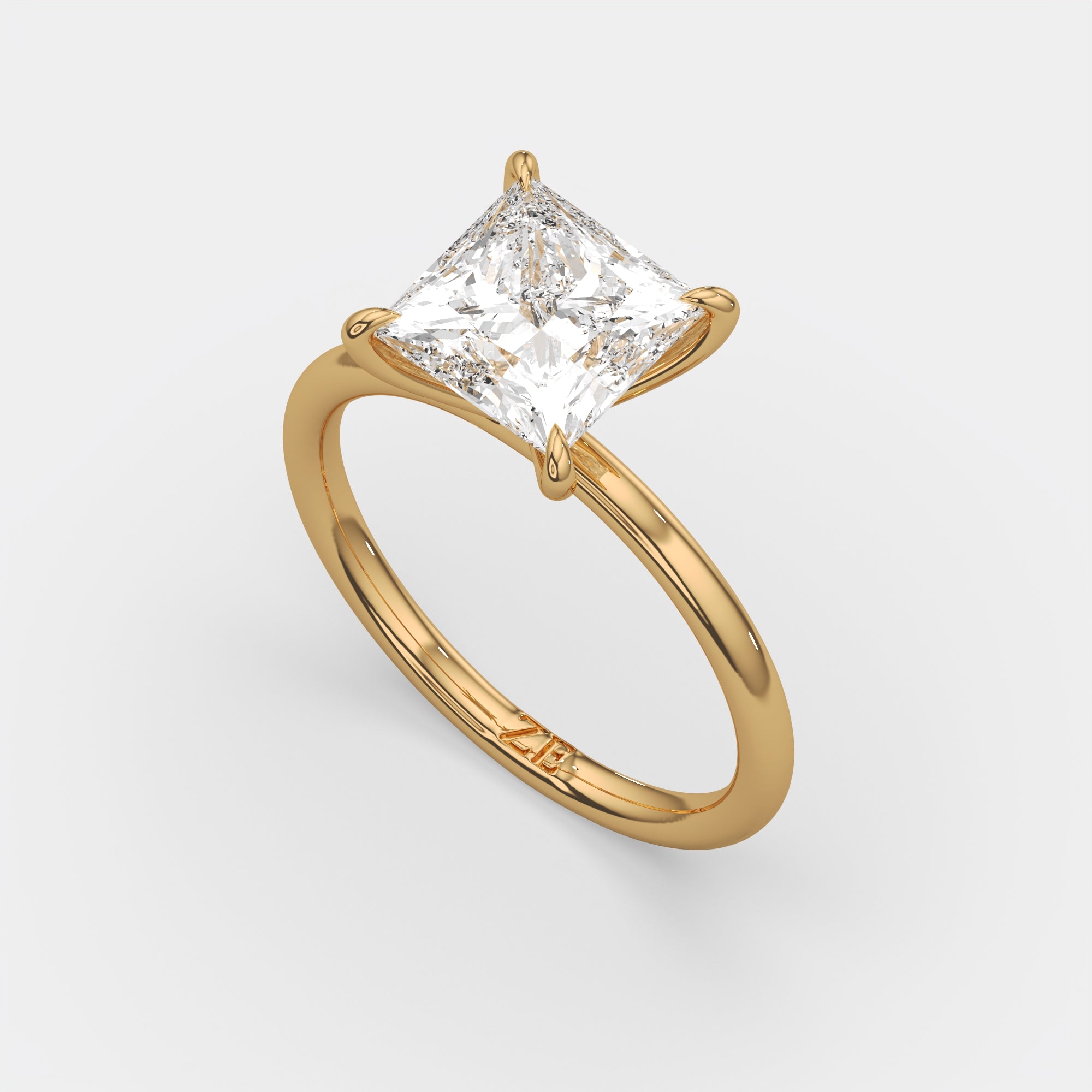 4.00 Ct E VS1 Princess Cut Diamond Engagement Ring, in 14k yellow gold, three-quarter angle