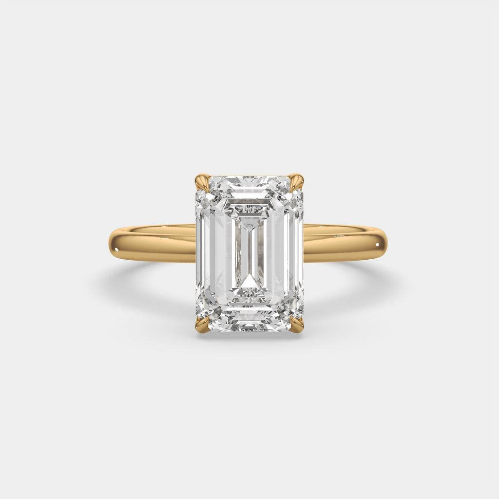 5.00 Ct E VS1 Emerald Cut Lab-Grown Diamond Solitaire Ring, in yellow gold, front view