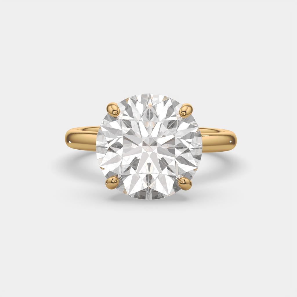 5.00 Ct E VS1 Round Brilliant Solitaire Diamond Ring, in yellow gold, front view