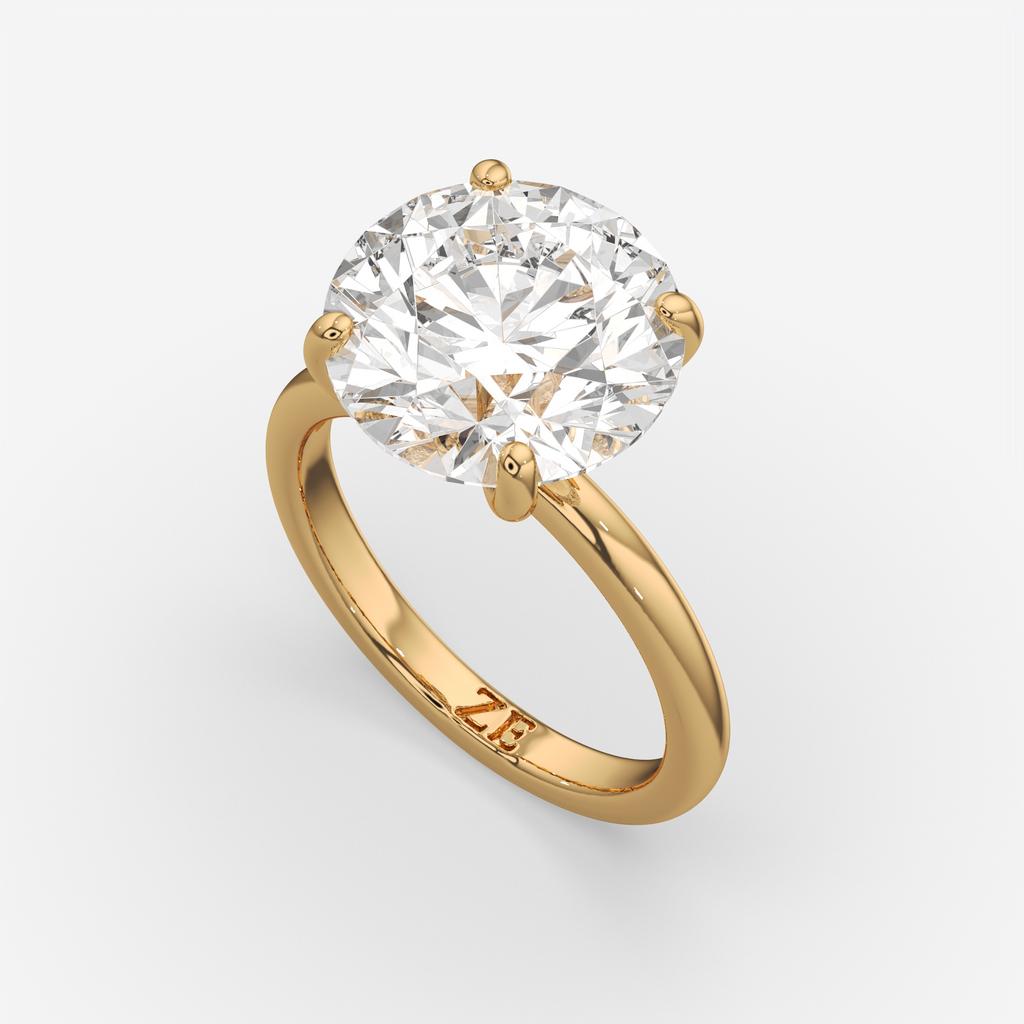 5.00 Ct E VS1 Round Brilliant Solitaire Diamond Ring, in yellow gold, side profile