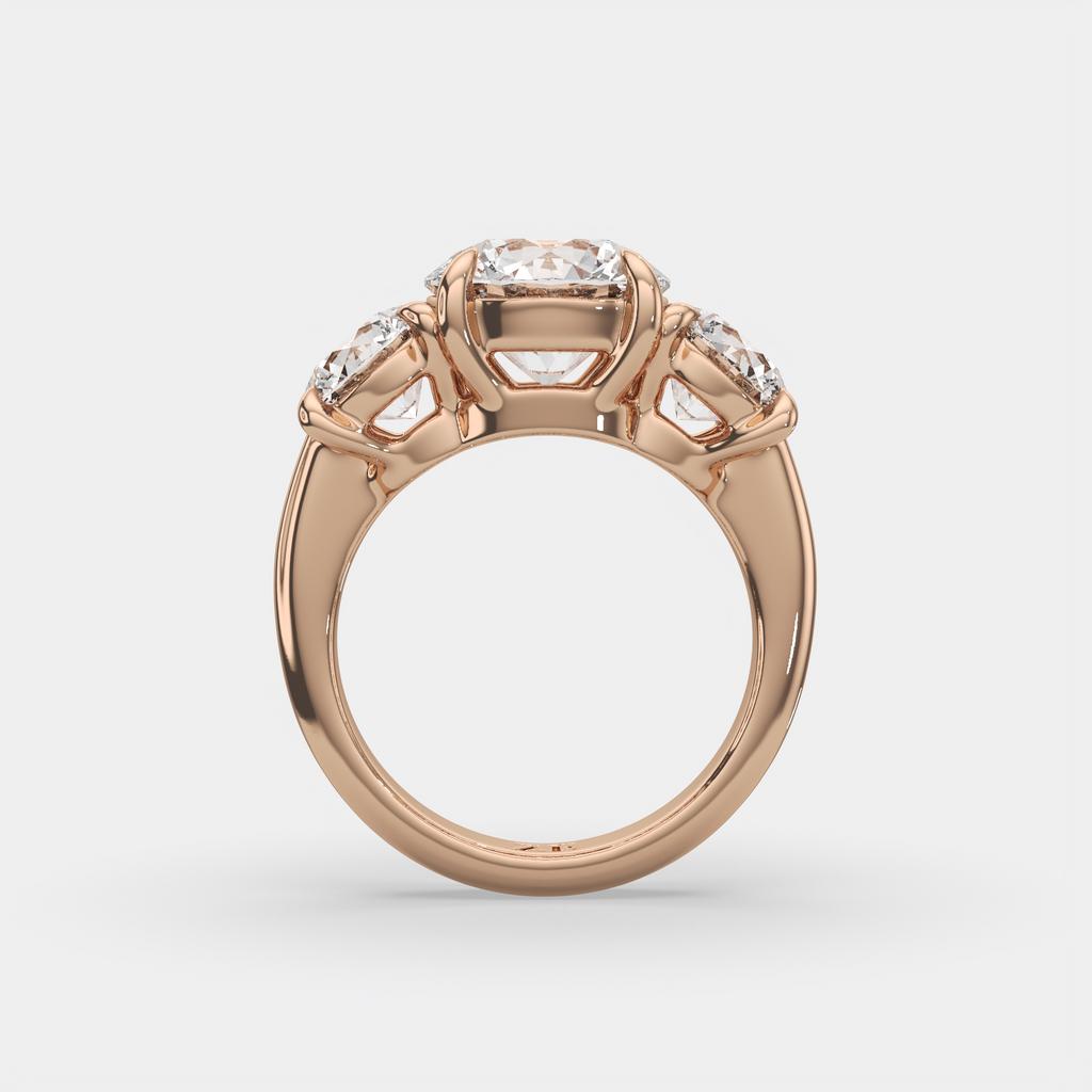 5.00 Ct E VS1 Round Diamond Three Stone Ring, in rose gold, front view