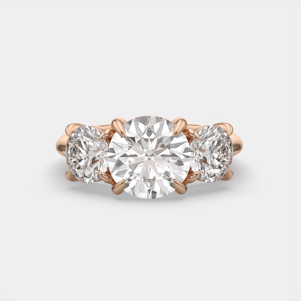 5.00 Ct E VS1 Round Diamond Three Stone Ring, in rose gold, front view