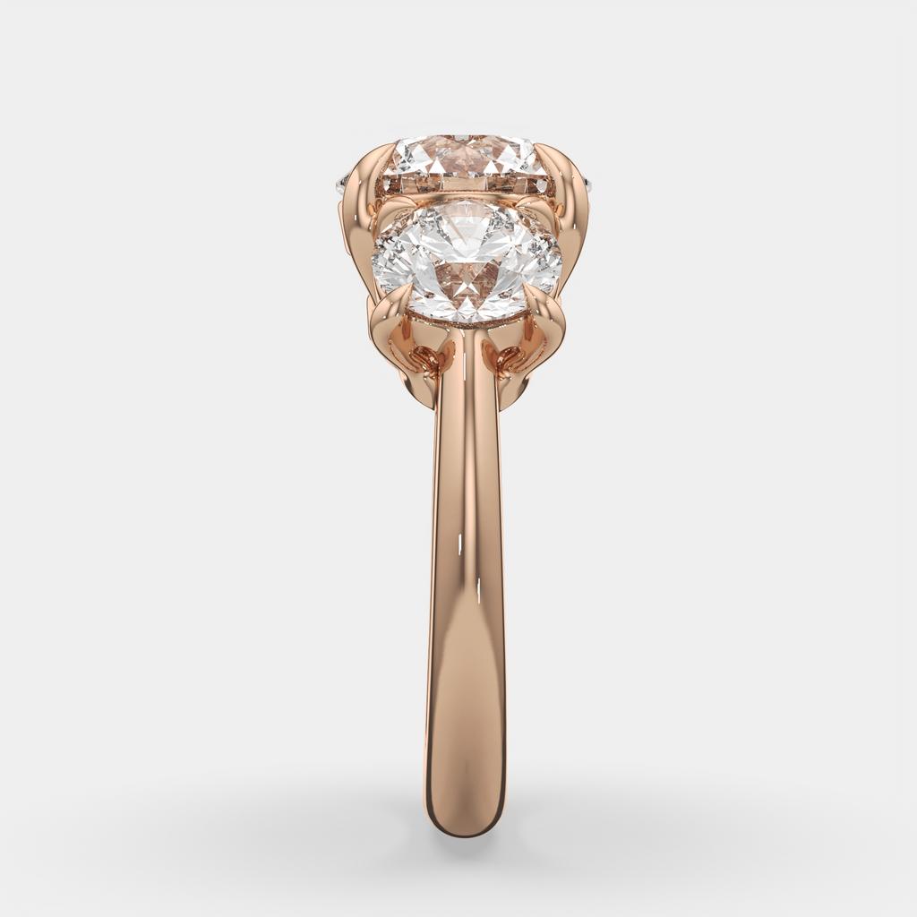 5.00 Ct E VS1 Round Diamond Three Stone Ring, in rose gold, front view
