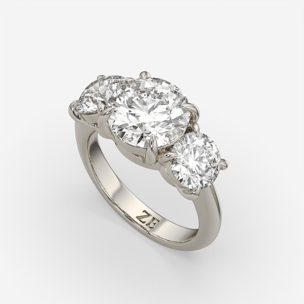 5.00 Ct E VS1 Round Diamond Three Stone Ring, in white gold, front view