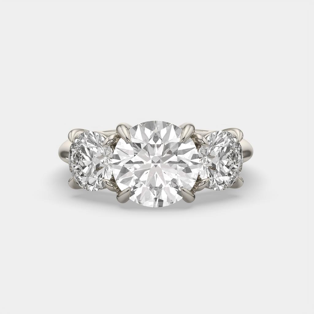 5.00 Ct E VS1 Round Diamond Three Stone Ring, in white gold, front view