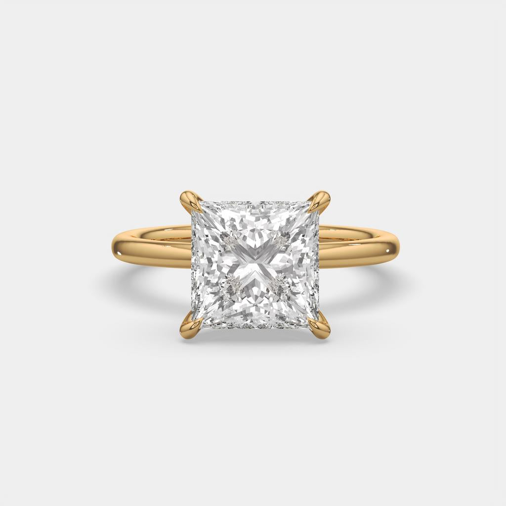 5.00 Ct F VS1 Princess Cut Solitaire Diamond Ring, in yellow gold, front view