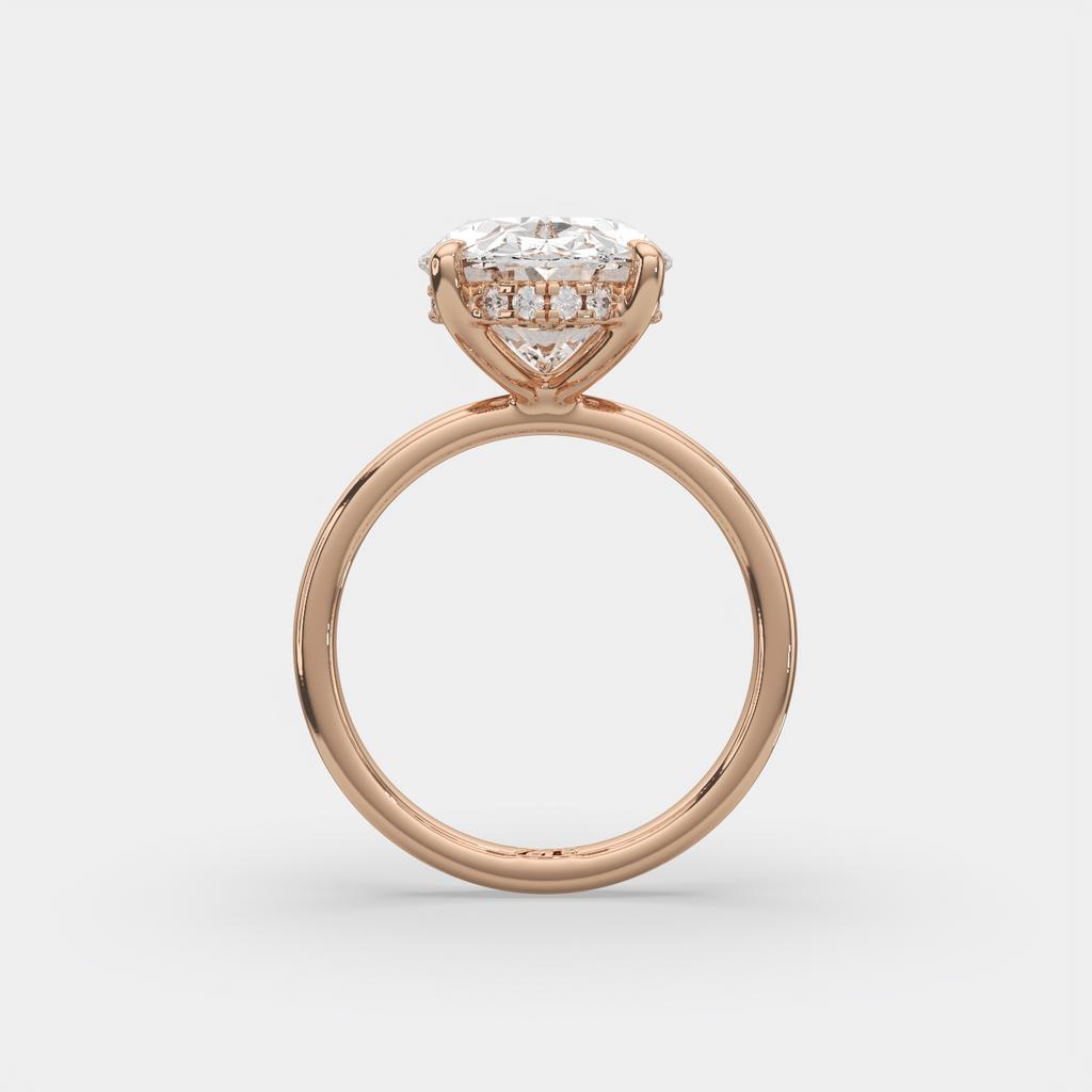 5.15 Ct E VS1 Oval Lab Grown Diamond Halo Ring, in rose gold, side profile
