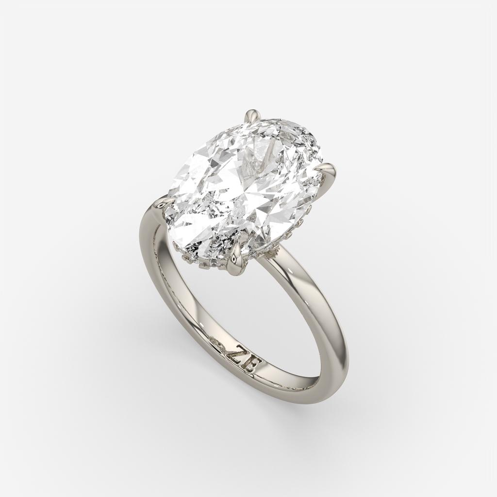 5.15 Ct E VS1 Oval Lab Grown Diamond Halo Ring, in white gold, front view