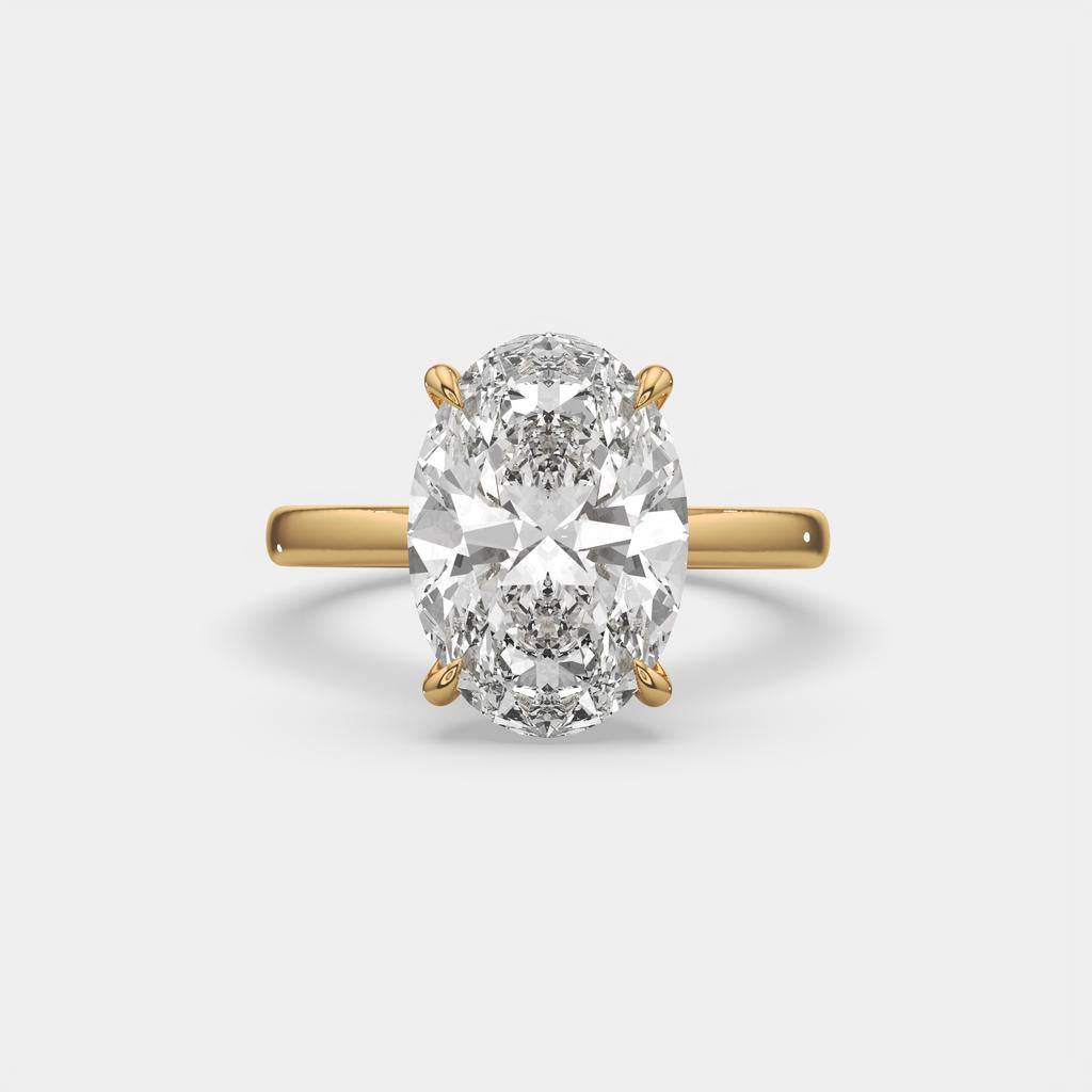 5.15 Ct E VS1 Oval Lab Grown Diamond Halo Ring, in yellow gold, front view