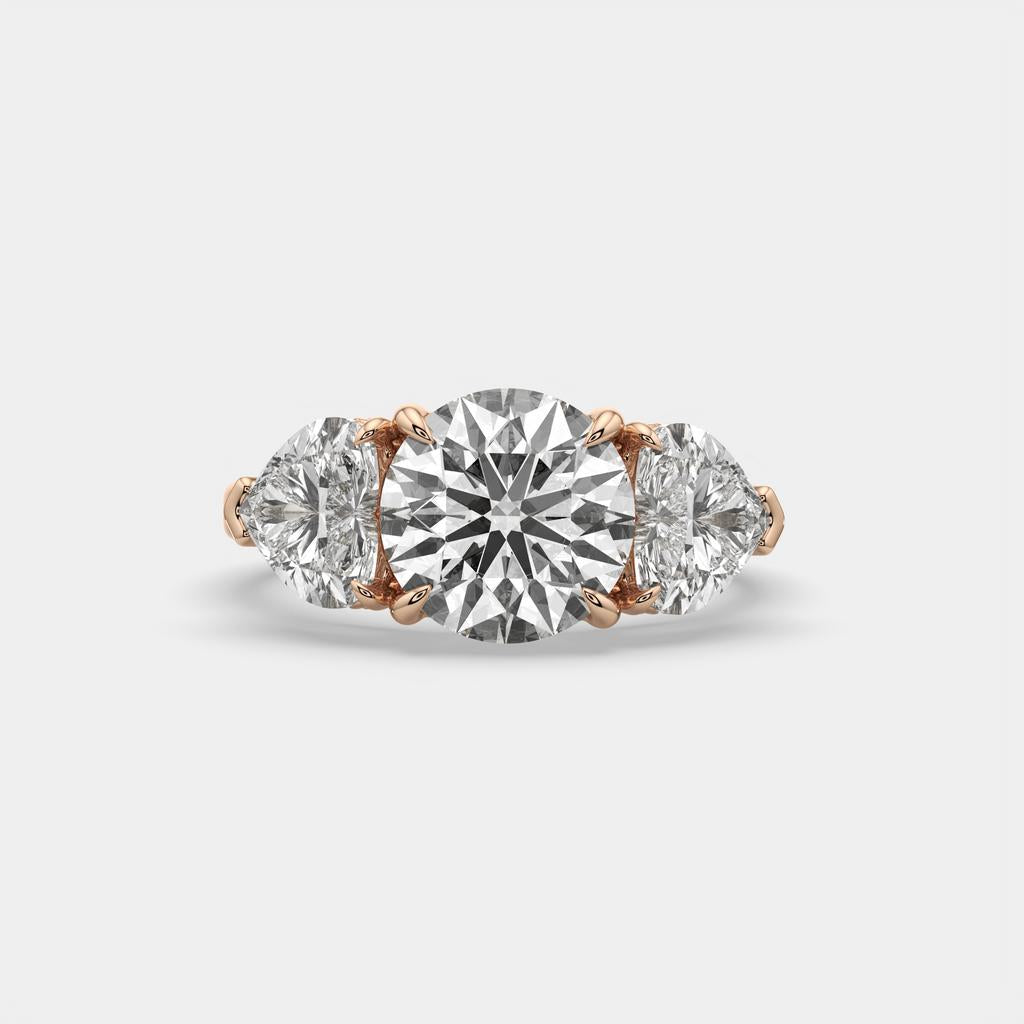 5.20 Ct D VS1 Round Three Stone Ring With Heart Shape Accents and Halo, in rose gold, front view