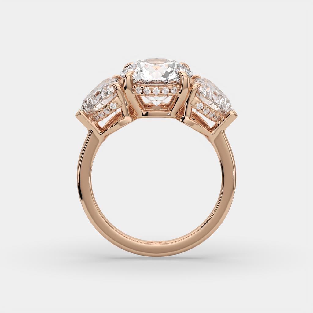 5.20 Ct D VS1 Round Three Stone Ring With Heart Shape Accents and Halo, in rose gold, side profile