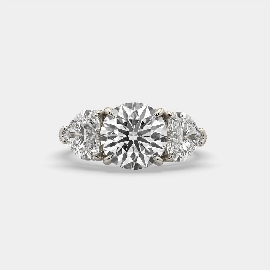 5.20 Ct D VS1 Round Three Stone Ring With Heart Shape Accents and Halo, in white gold, front view