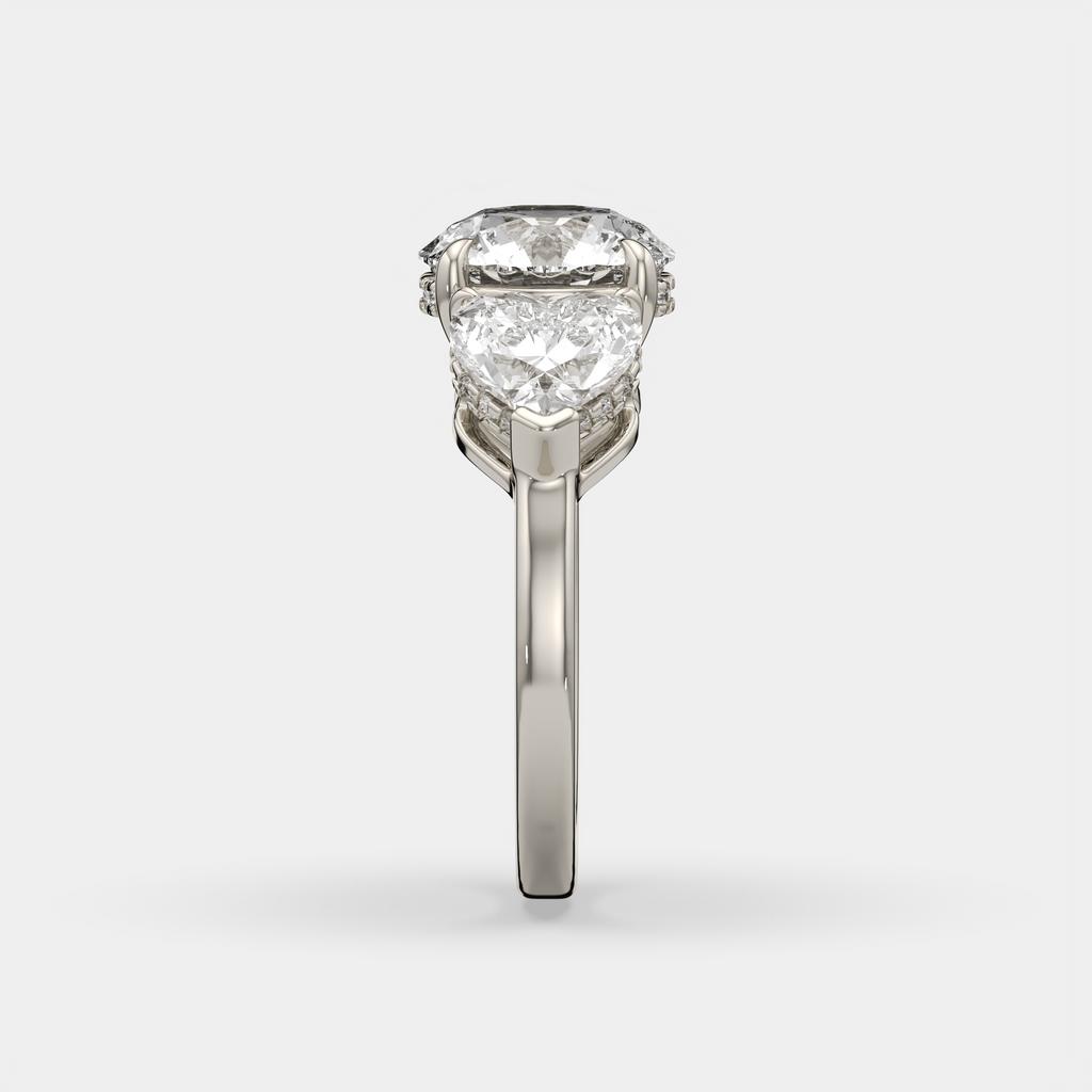 5.20 Ct D VS1 Round Three Stone Ring With Heart Shape Accents and Halo, in white gold, side profile