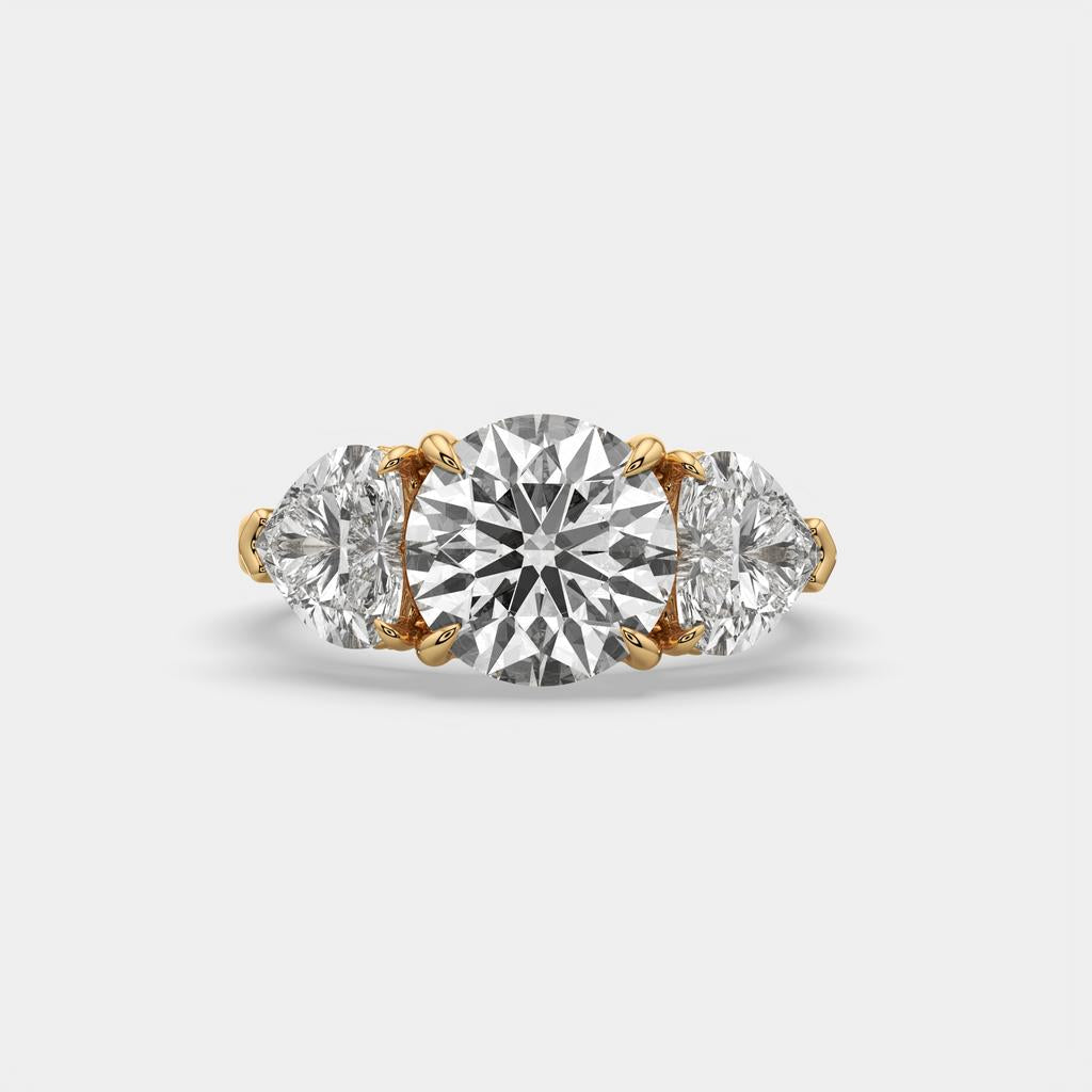 5.20 Ct D VS1 Round Three Stone Ring With Heart Shape Accents and Halo, in yellow gold, front view