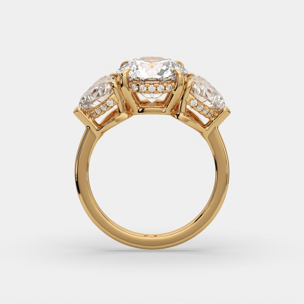 5.20 Ct D VS1 Round Three Stone Ring With Heart Shape Accents and Halo, in yellow gold, side profile