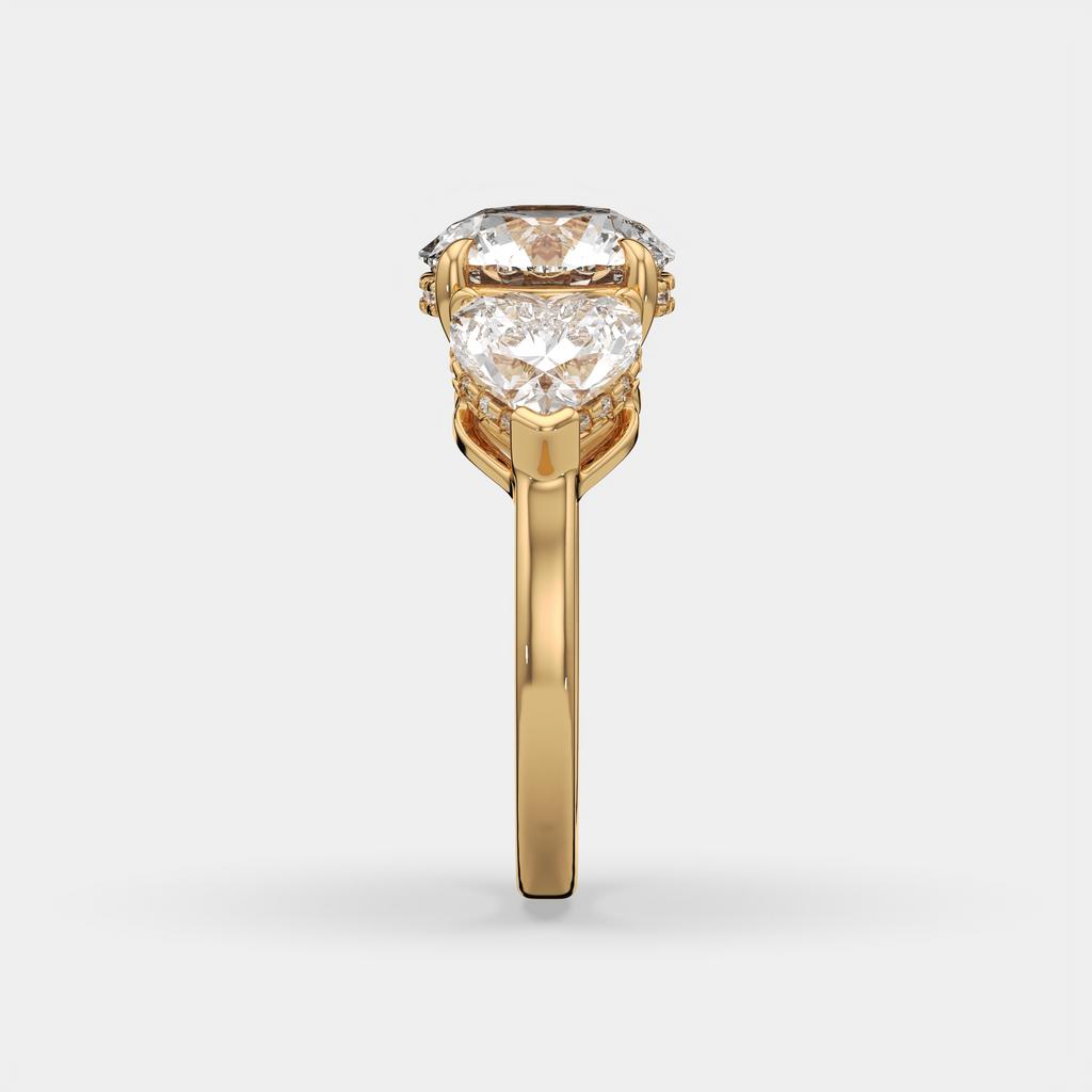 5.20 Ct D VS1 Round Three Stone Ring With Heart Shape Accents and Halo, in yellow gold, side profile
