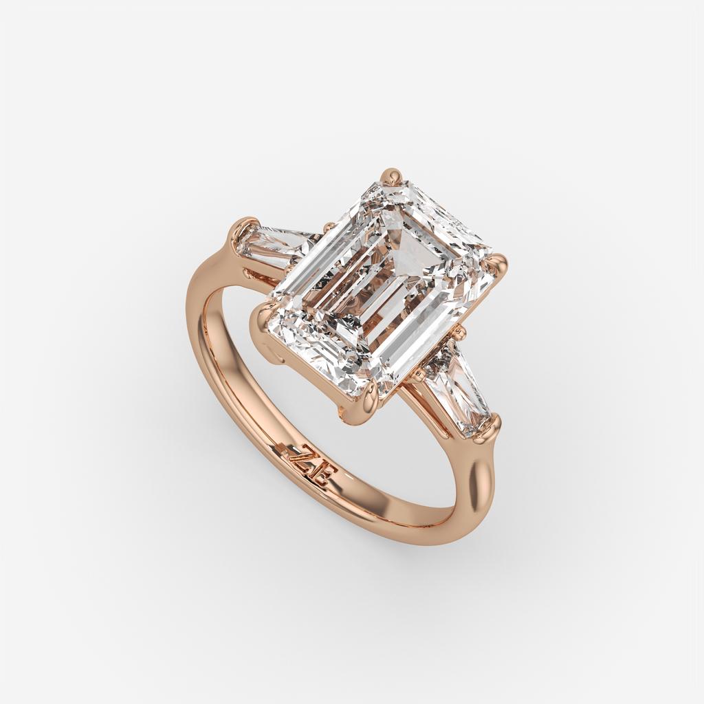 5.60 Ct E VS1 Emerald Cut Lab-Grown Diamond Three Stone Ring with Tapered Baguettes, in rose gold, front view