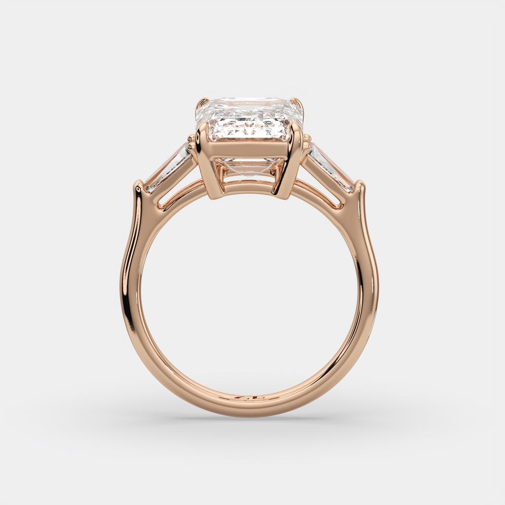 5.60 Ct E VS1 Emerald Cut Lab-Grown Diamond Three Stone Ring with Tapered Baguettes, in rose gold, side profile