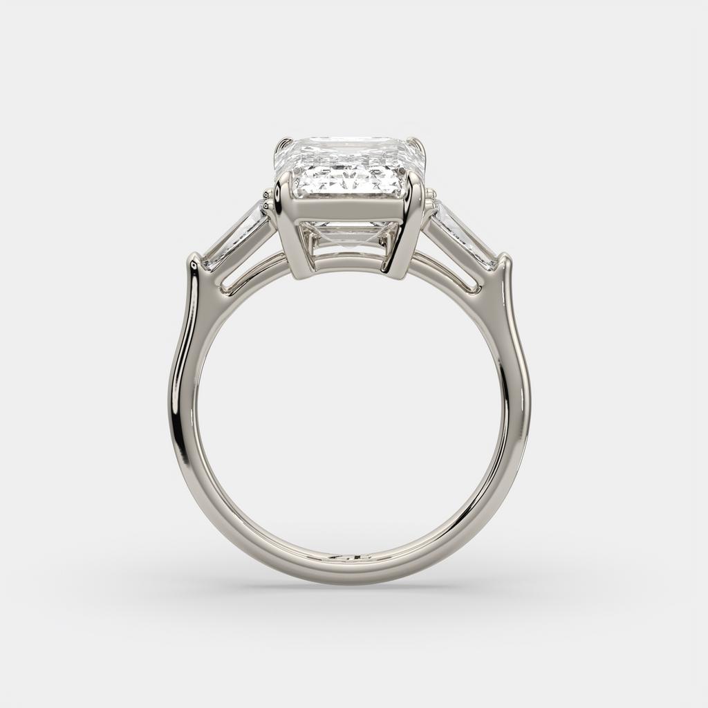 5.60 Ct E VS1 Emerald Cut Lab-Grown Diamond Three Stone Ring with Tapered Baguettes, in white gold, side profile