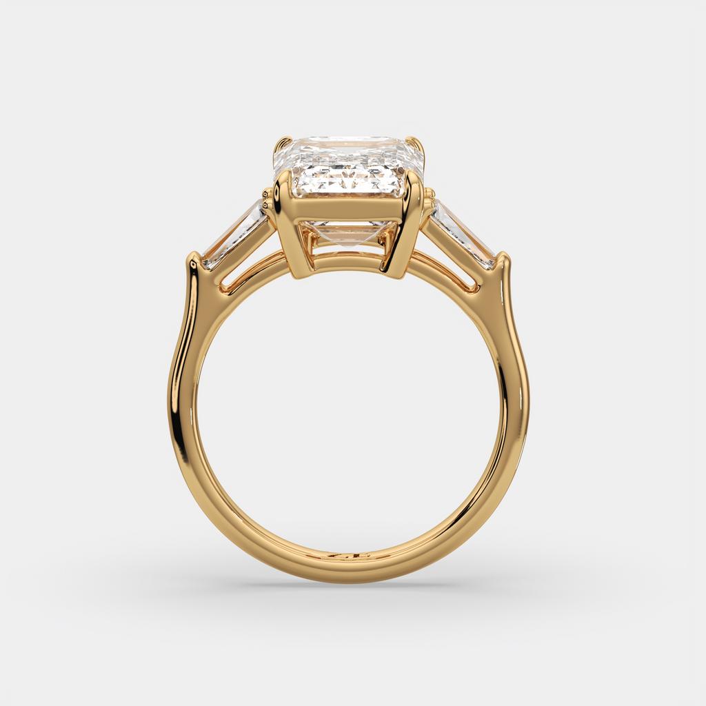5.60 Ct E VS1 Emerald Cut Lab-Grown Diamond Three Stone Ring with Tapered Baguettes, in yellow gold, side profile