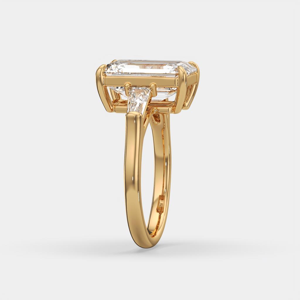 5.60 Ct E VS1 Emerald Cut Lab-Grown Diamond Three Stone Ring with Tapered Baguettes, in yellow gold, side profile