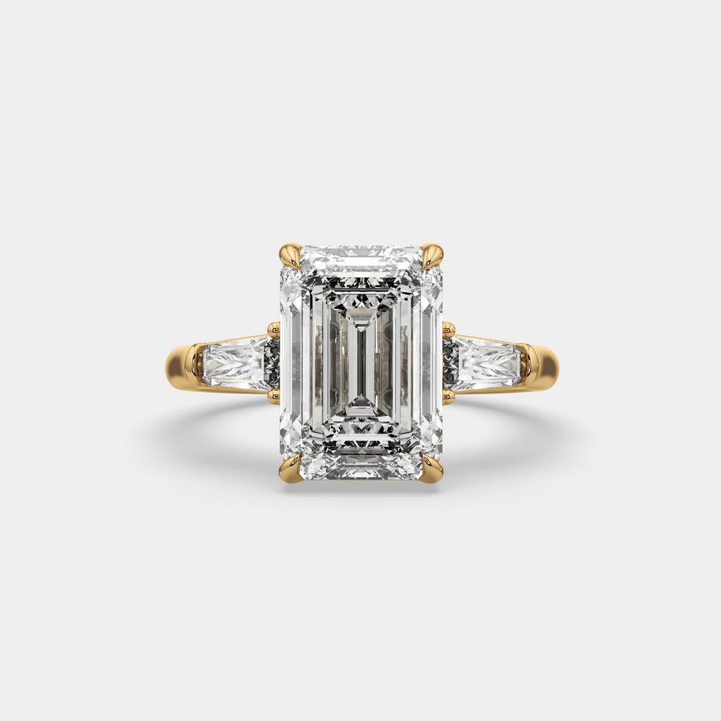 5.60 Ct E VS1 Emerald Cut Lab-Grown Diamond Three Stone Ring with Tapered Baguettes, in yellow gold, top view