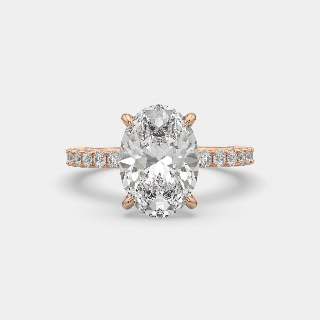 5.70 Ct E VS1 Oval Lab Grown Diamond Halo Ring, in rose gold, front view