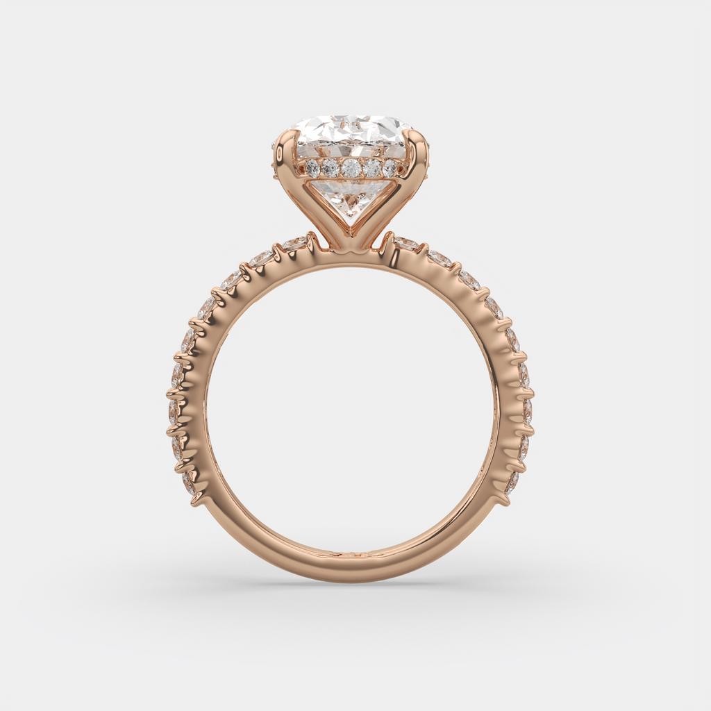 5.70 Ct E VS1 Oval Lab Grown Diamond Halo Ring, in rose gold, side profile