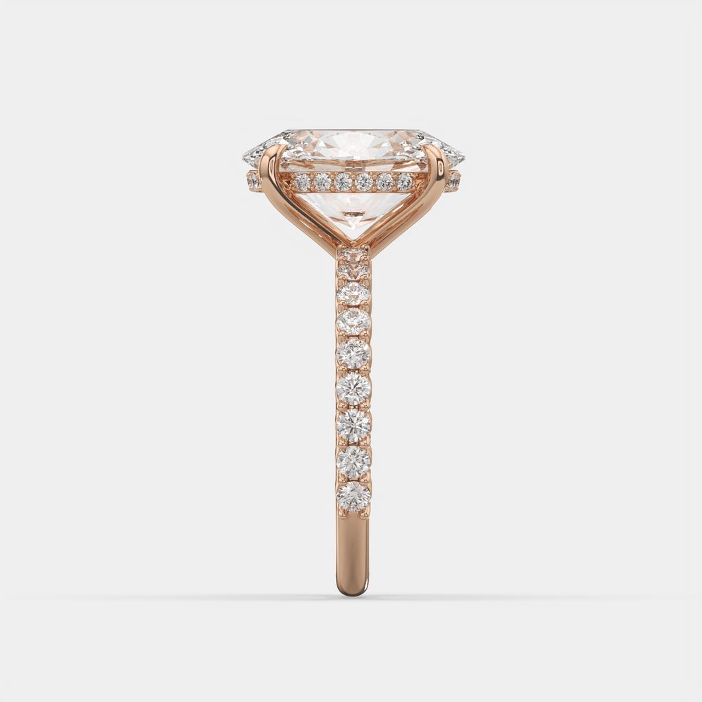 5.70 Ct E VS1 Oval Lab Grown Diamond Halo Ring, in rose gold, side profile