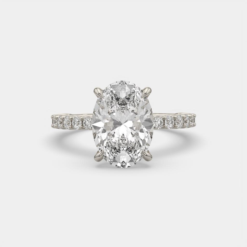 5.70 Ct E VS1 Oval Lab Grown Diamond Halo Ring, in white gold, front view