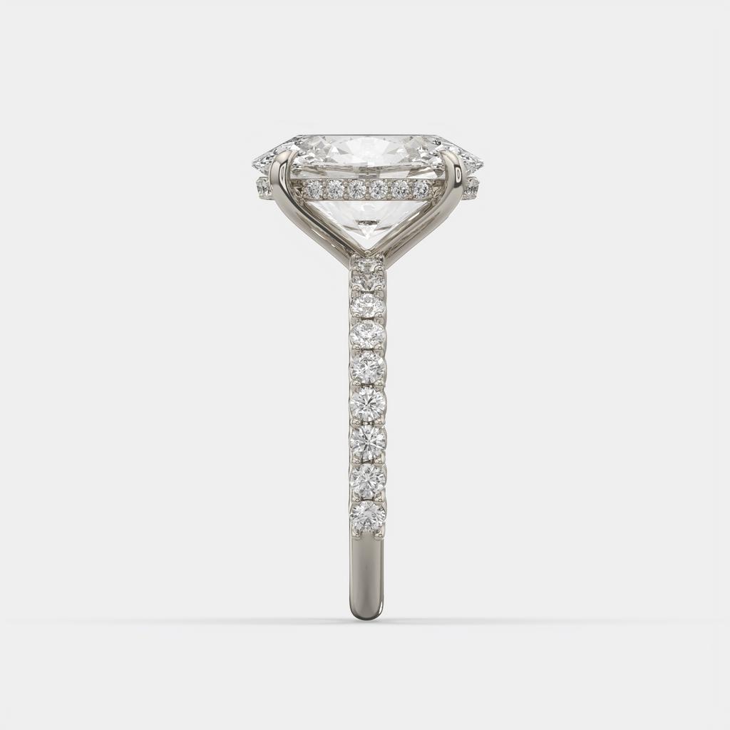 5.70 Ct E VS1 Oval Lab Grown Diamond Halo Ring, in white gold, side profile