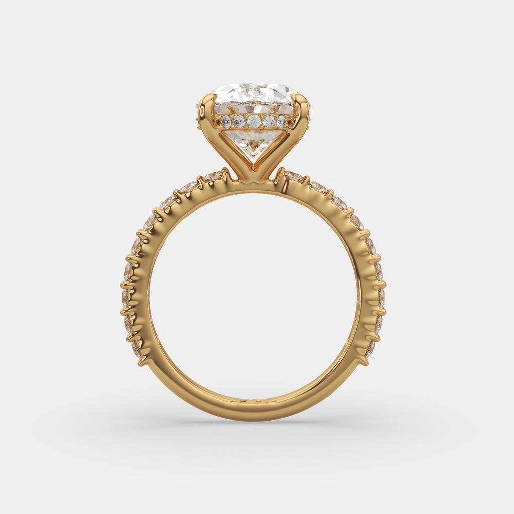 5.70 Ct E VS1 Oval Lab Grown Diamond Halo Ring, in yellow gold, side profile