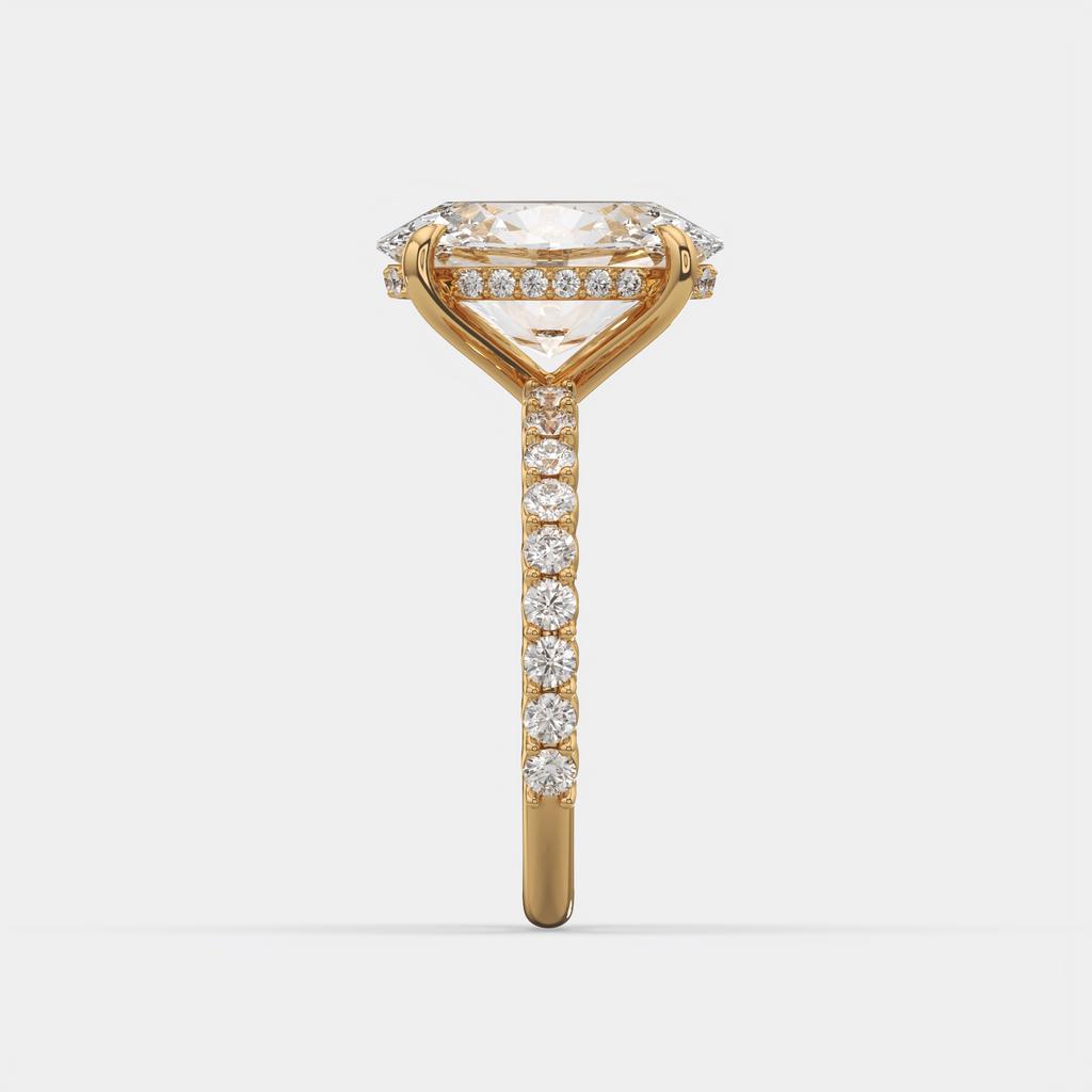 5.70 Ct E VS1 Oval Lab Grown Diamond Halo Ring, in yellow gold, side profile