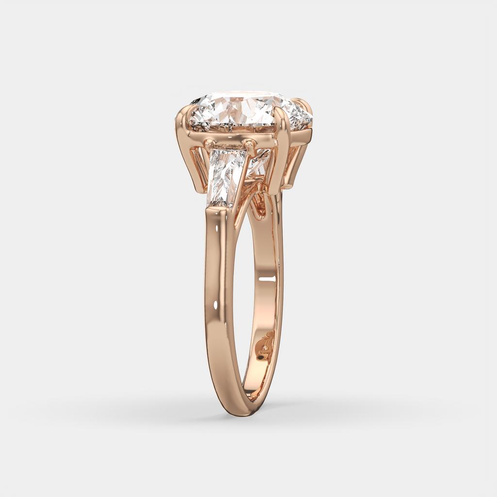 5.70 Ct E Color VS1 Round Diamond Three Stone Ring With Tapered Baguettes, in rose gold, side profile