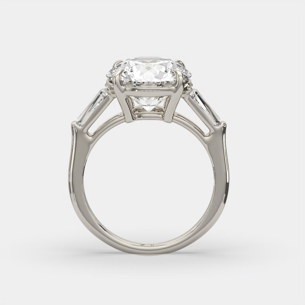 5.70 Ct E Color VS1 Round Diamond Three Stone Ring With Tapered Baguettes, in white gold, side profile