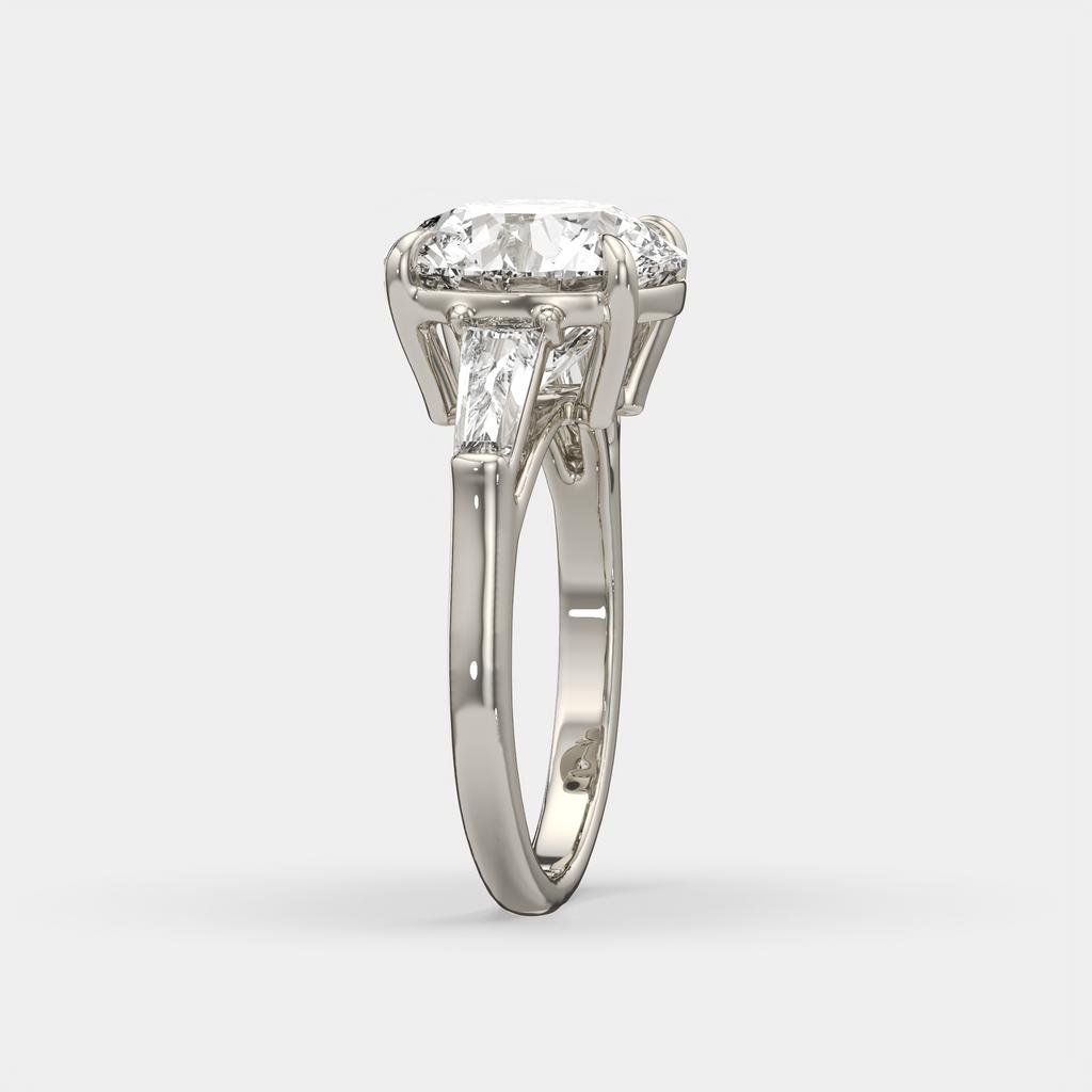 5.70 Ct E Color VS1 Round Diamond Three Stone Ring With Tapered Baguettes, in white gold, side profile