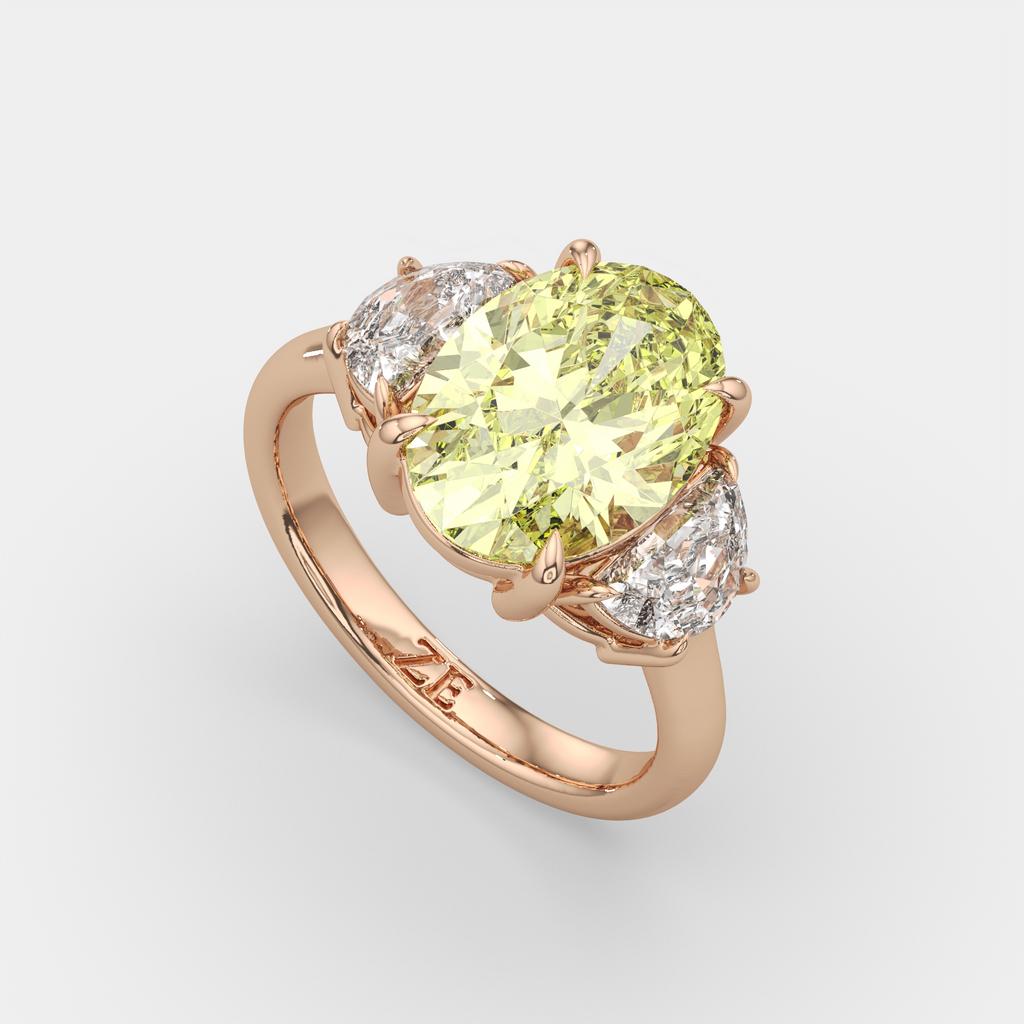 5.70 Ct Fancy Intense Yellow Oval Diamond Three Stone Ring With Half Moon Accents, in rose gold, front view