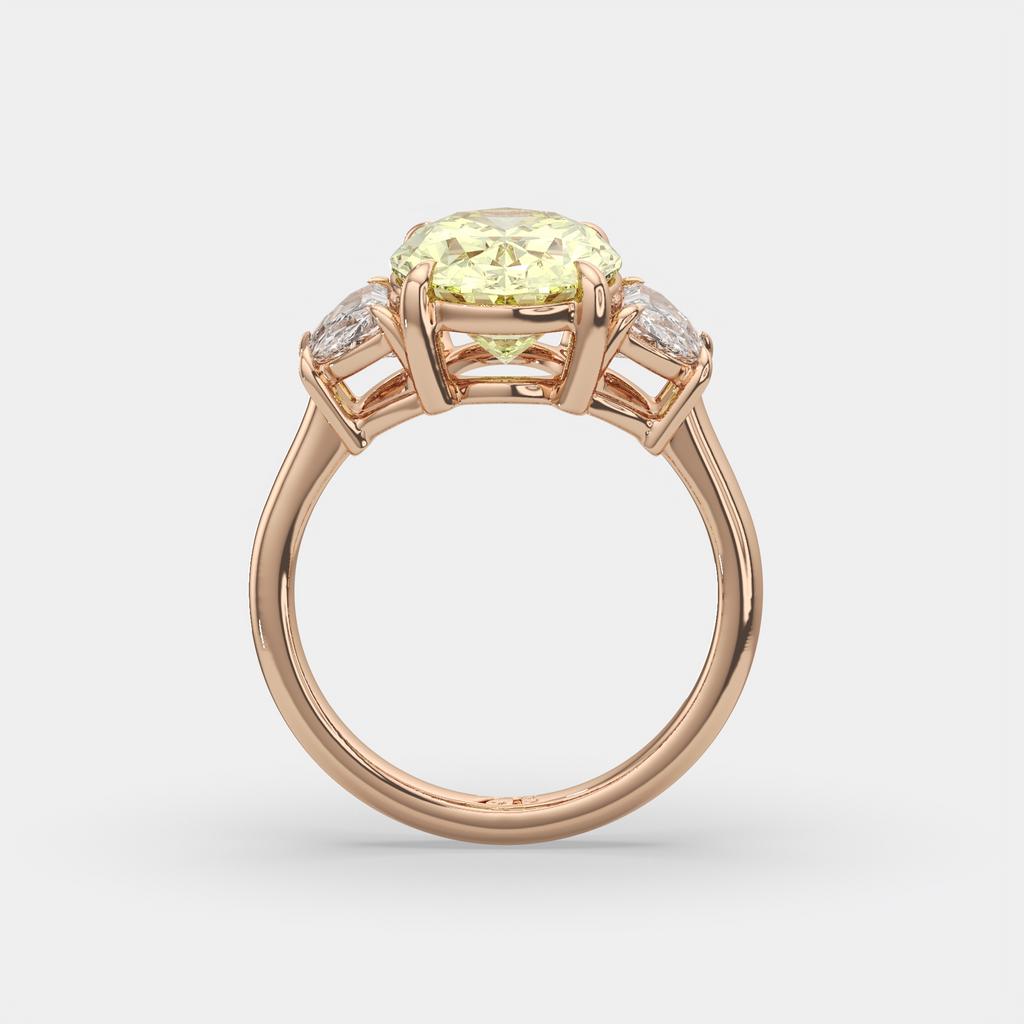 5.70 Ct Fancy Intense Yellow Oval Diamond Three Stone Ring With Half Moon Accents, in rose gold, side profile